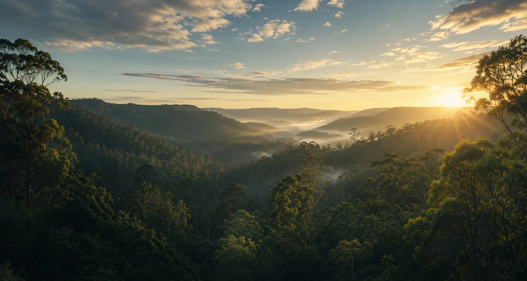 Misty eucalyptus forest at sunrise