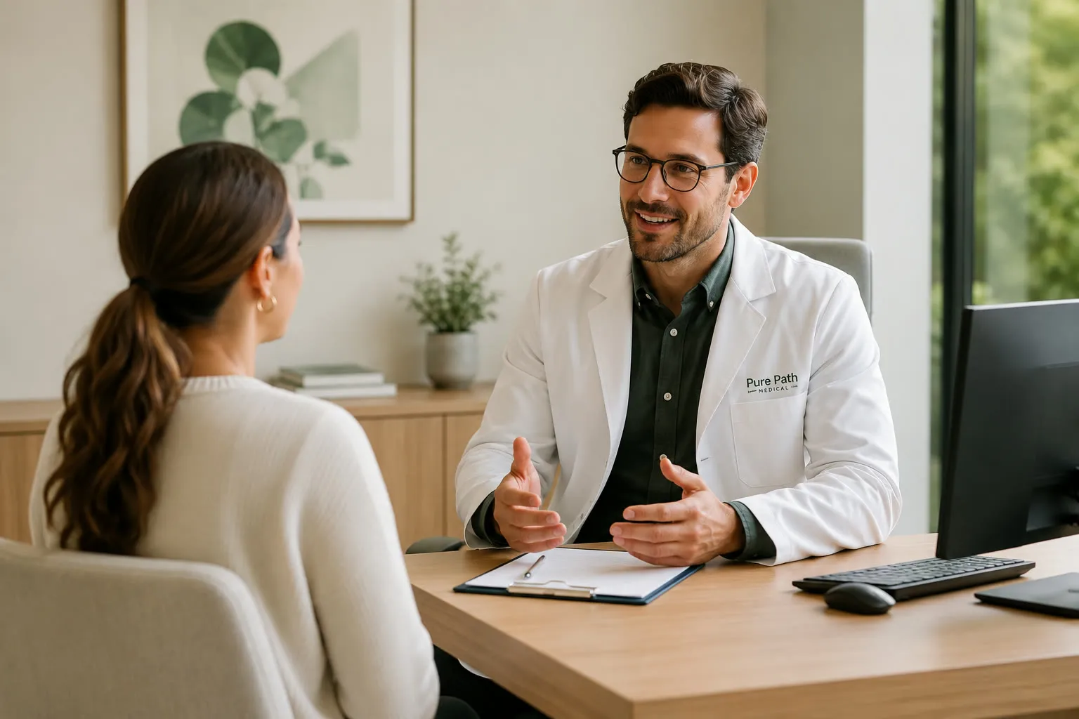A Pure Path doctor talking with a patient at the Nerang clinic