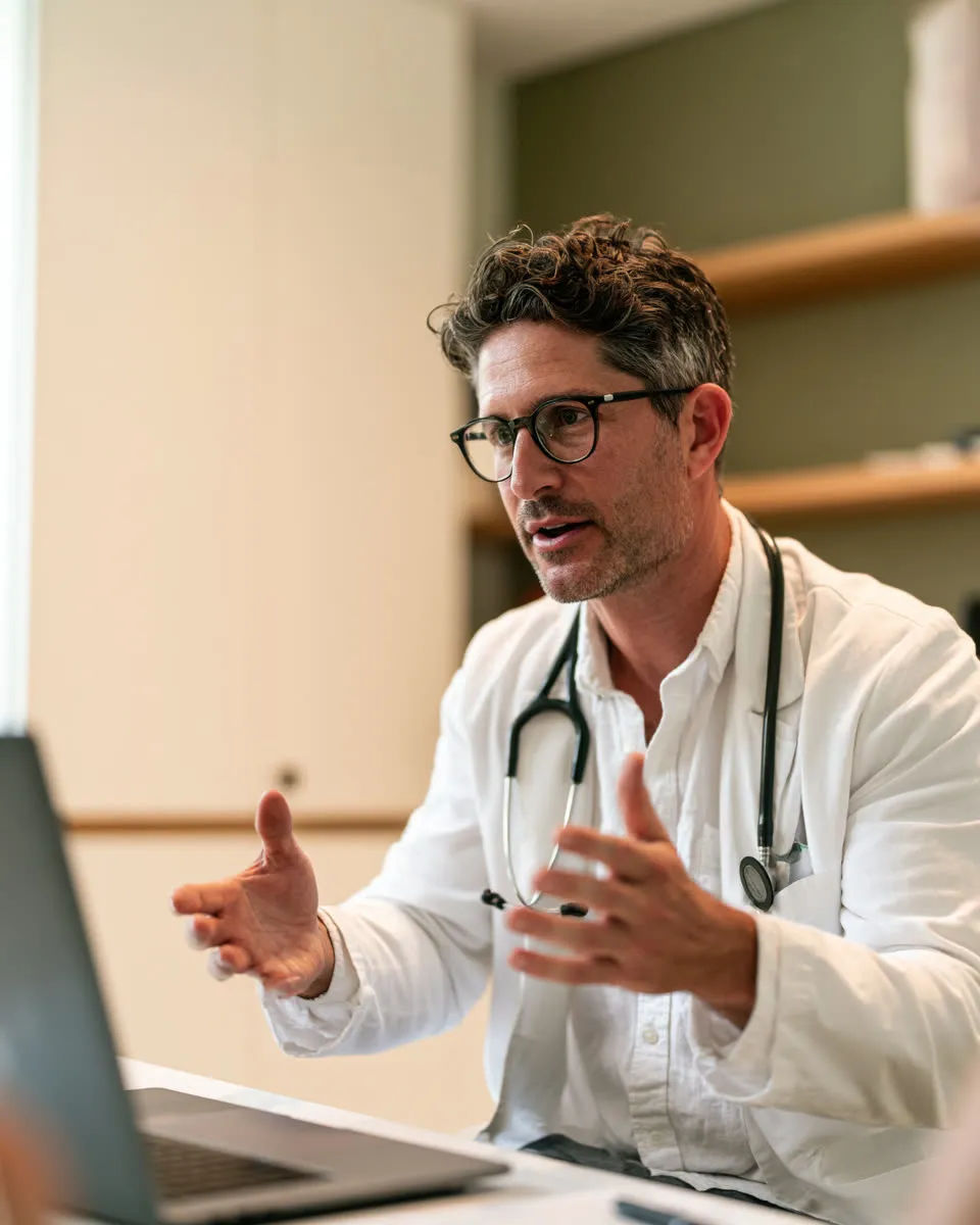 A doctor in consultation, speaking with a patient over a laptop