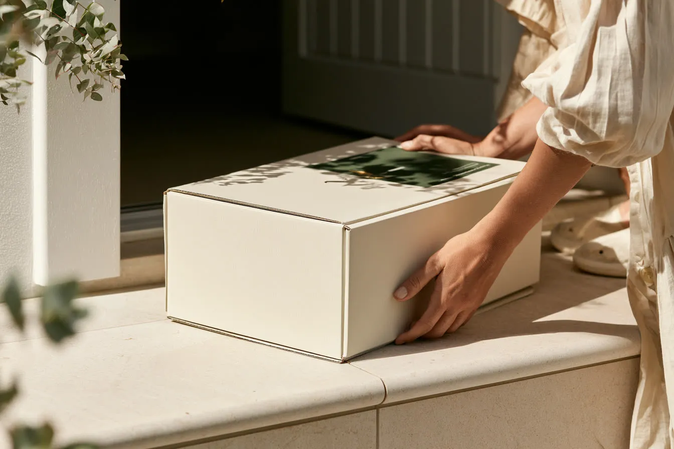 A parcel being placed on a sunlit windowsill