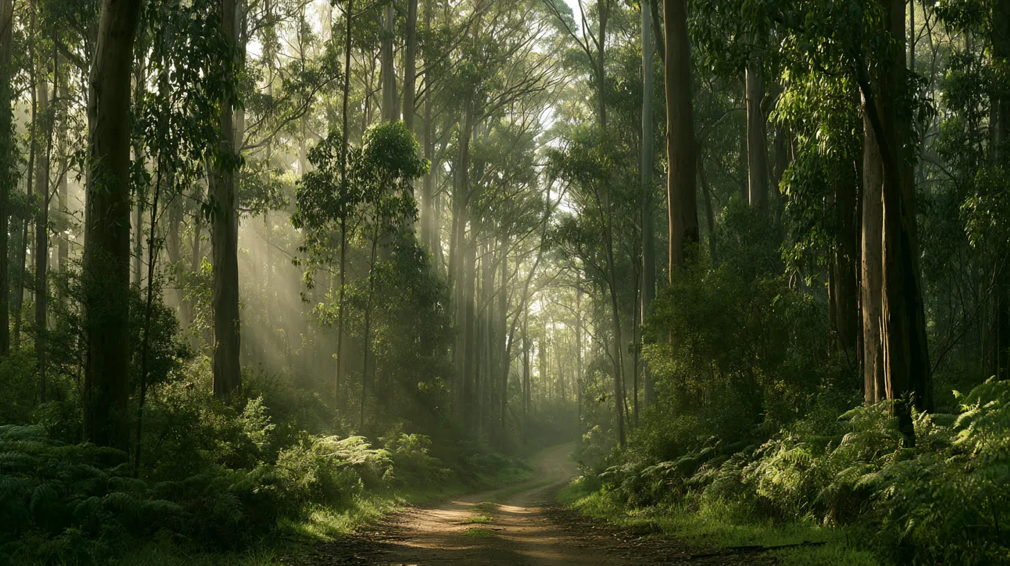 A sunlit path through a eucalyptus forest