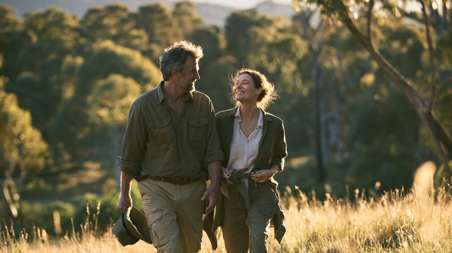 A couple walking together through golden grassland